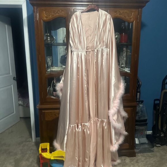 Handmade Other - Elegant Pink Satin Robe with Feather Trim